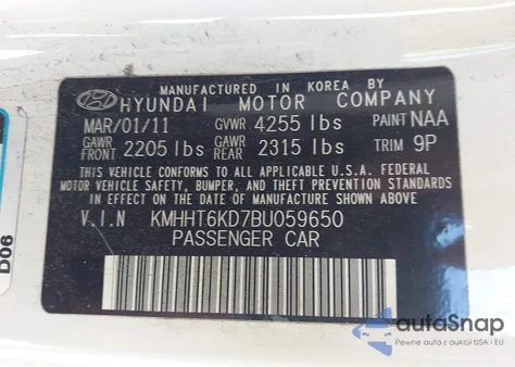 2011 Hyundai Genesis 2.0T z USA, uszkodzony, nr VIN KMHHT6KD7BU059650